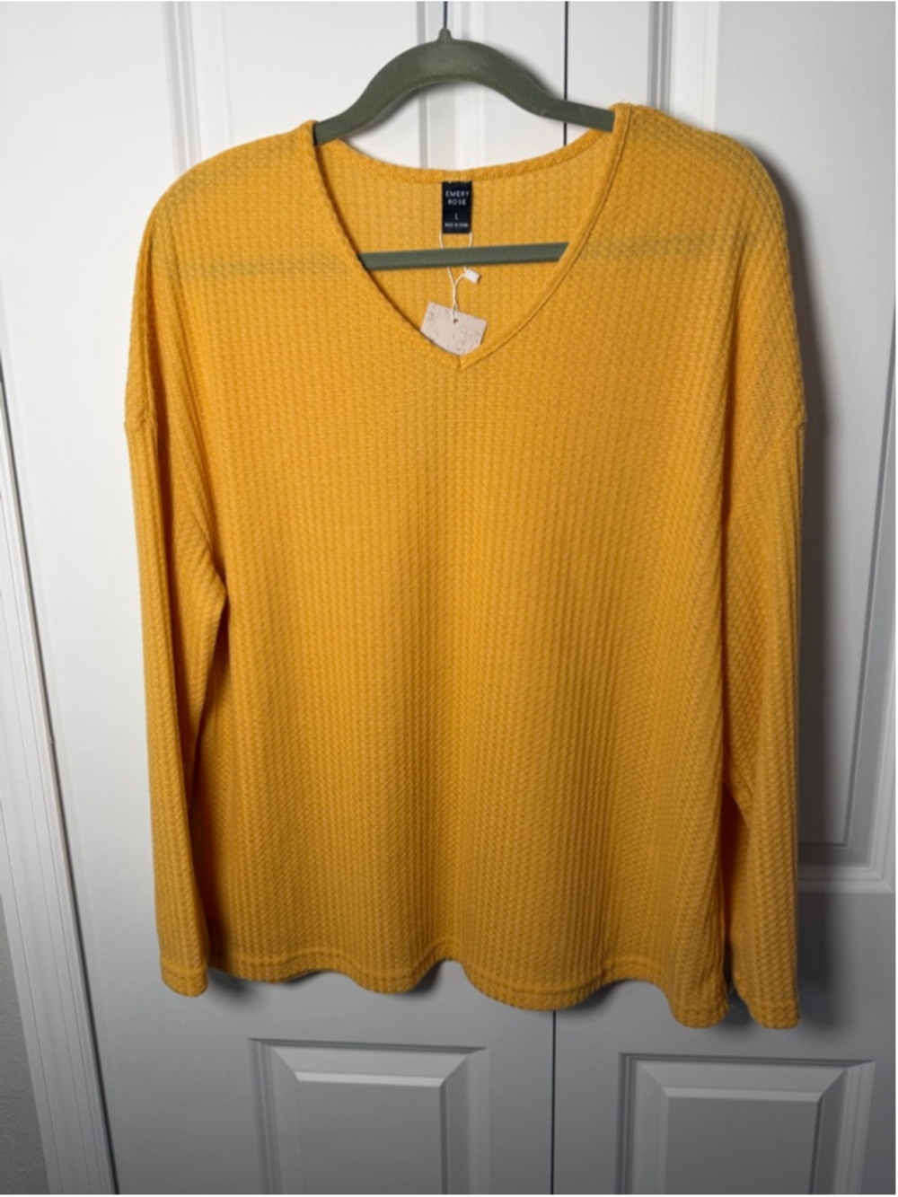 EMERY ROSE Yellow Long Sleeve Waffle Knit Tee L